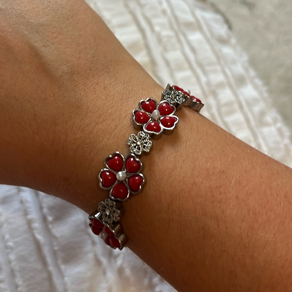 Red and Silver Floral Bracelet
